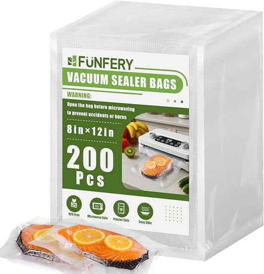 FUNFERY Precut Vacuum Sealer Bags for Food, 200 Quart 8" x 12", Food Long-Term Storage and Sous Vide Commercial-Grade Bag, BPA Free for Microwave, Boiling,Sous Vide, Refrigerator