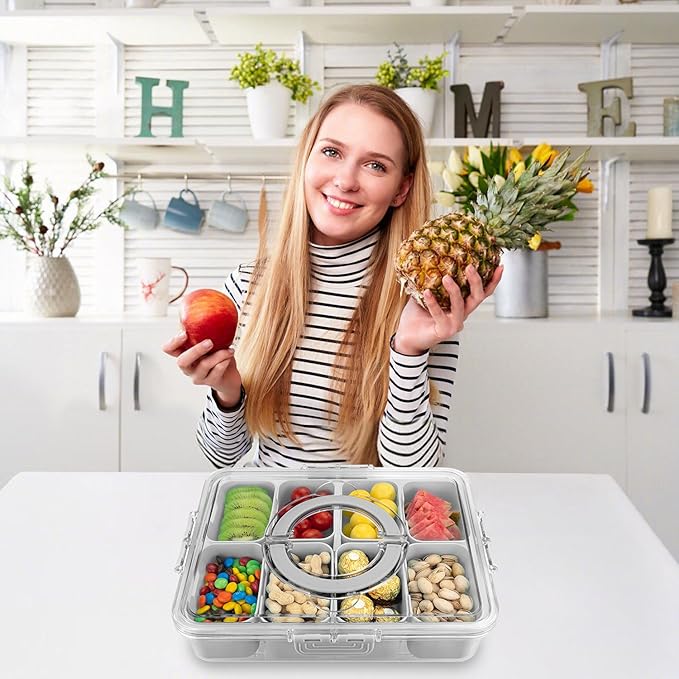 Divided Serving Tray with Lid and Handle,8 Compartments Snacks Box,Snack Fruit and Veggie Tray,Portable Platter for Candy Fruits Nuts Snack Party Entertaining Picnic (1 PCS Grey)