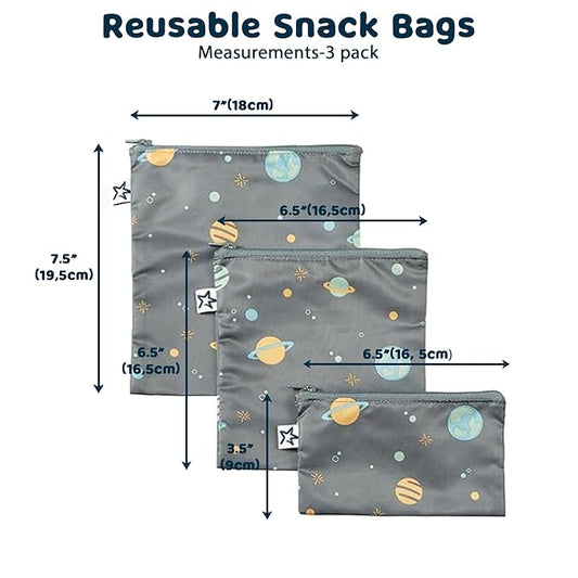 Tiny Twinkle 3 Pack Reusable Snack Bags - Machine Washable, PFAS, PVC, BPA, Phthalate-Free Reusable Baby and Toddler Food Safe Snack Bags (Space)