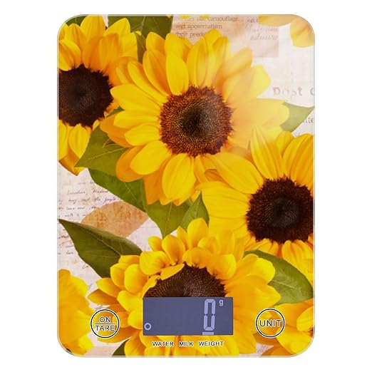 Food Scale Kitchen Digital Scale Food Ounces and Grams Dieting Baking Cooking Waterproof Glass Panels LCD Display,4 Units Scale Tare Function Sunflower