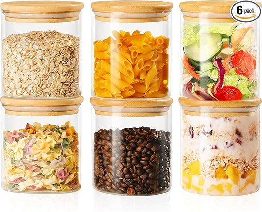 25oz Glass Storage Containers with Lids, Clear Glass Jars for Food Storage, Kitchen Pantry Organizers and Storage Jars, For Overnight Oatmeal, Spice Jar, Cereal, Coffee (Set of 6)