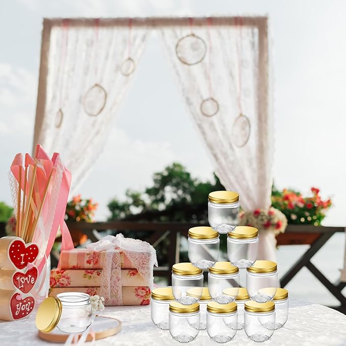 Tanlade 60 Pcs 4 oz Clear Plastic Wide Mouth Mason Jars with Lids Small Honey Jar Mini Storage Containers Bulk for Herb Jelly Butter Wedding Favors Shower Party(Gold)