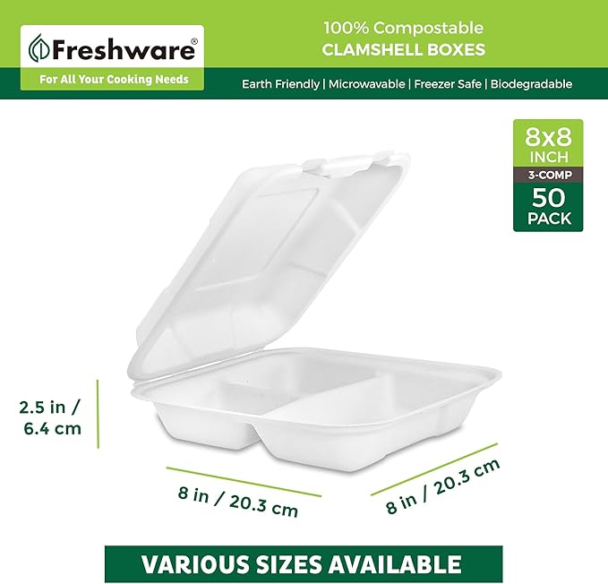 Freshware Compostable Clamshell Food Containers [8x8] 3-Compartment 50-Pack, Disposable Containers, Biodegradable Sugarcane To Go Boxes - Paper Food Containers - Microwave & Freezer Safe, Stackable