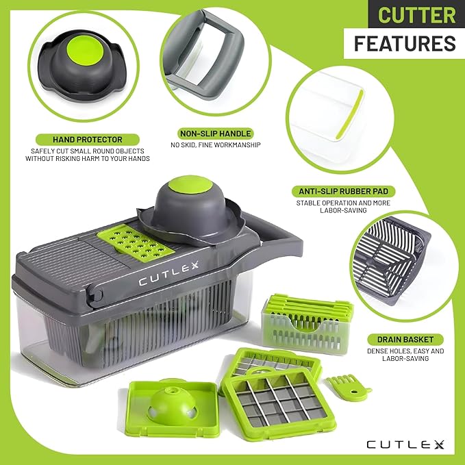 16 in 1 Stainless Steel Vegetable Chopper, Mandoline Slicer, Onion Chopper, Food Cutter with Container, Cheese Grater