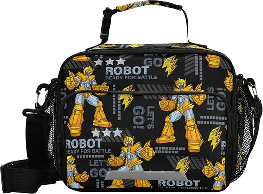 Pfrewn Yellow Robots Lunch Box Kids School Students Insulated Lunch Bag with Shoulder Strap for Office Adults Reusable Cooler Bags Lunch Tote