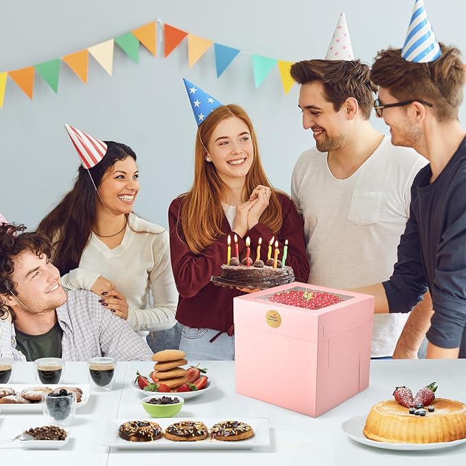 12Pcs Cake Boxes, 10x10x10 Inches Tall Cake Boxes with Window, Pink Disposable Tier Cake Containers for Pastries, Pie, Cookies, Chocolates, Cupcakes, Birthday Party, Wedding Bakery Boxes