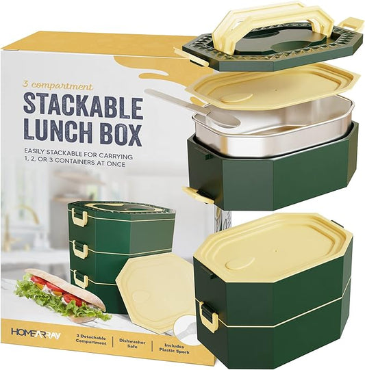 Stainless Steel Stackable Bento Box Adult Lunch Box with Cutlery - Hot/Cold - Separates Ideal Portion Sizes - Reusable Tin Inserts - Dishwasher Safe - Stackable Lunch Container for Adults with Spork