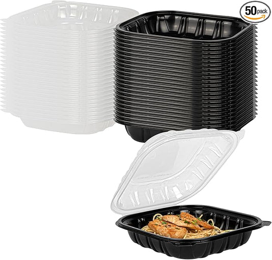 Restaurantware Thermo Tek 40 Ounce Clamshell Containers, 50 Disposable Take Out Boxes - Ventilated Lids, Microwavable, Black Plastic Meal Prep Containers, For Pastas, Salads, Or Sandwiches