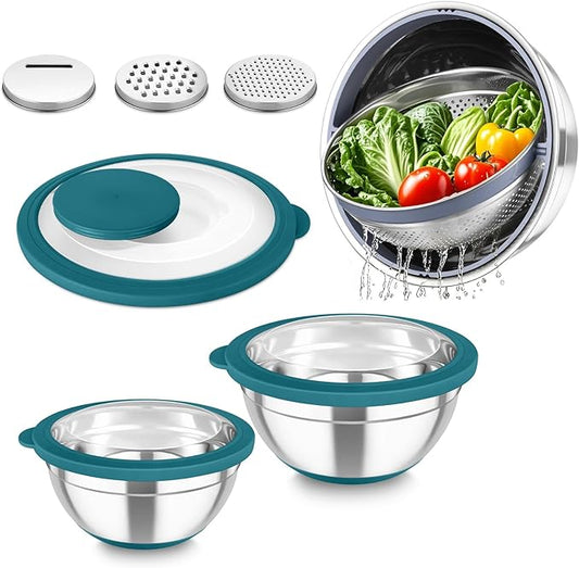 TeamFar Mixing Bowls with Colander Set, Stainless Steel Strainer and Nesting Salad Bowls, with Lids & 3 Graters, Non-Slip Bottom & Visible Lid, Rotatable & Dishwasher Safe, 4.6/3/1.5 QT, Blue