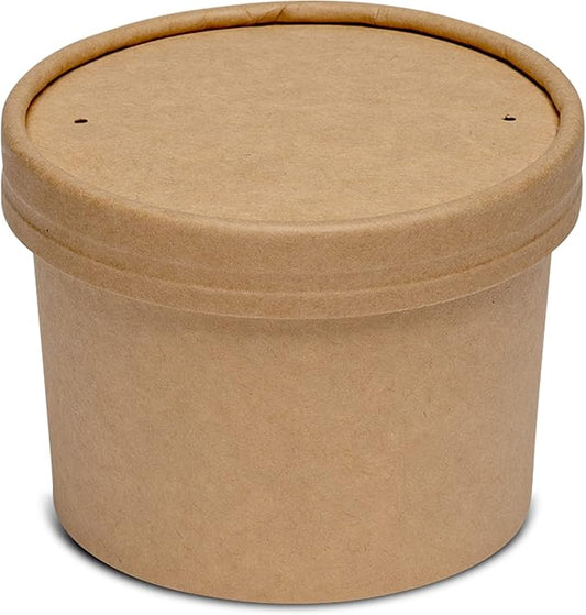 GUSTO [12 oz. - 25 Count Kraft Paper Food Containers with Vented Lids - To Go Hot Soup Bowls, Disposable Ice Cream Cups, Ideal for Hot and Cold Foods - (Formerly Comfy Package)
