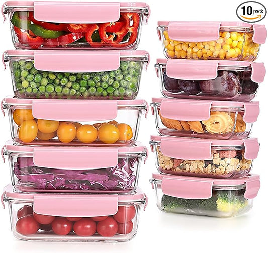 10PCS Glass Food Storage Containers Set with Lids Meal Prep Containers Reusable for Dishwasher Microwave Oven Freezer(10 lids,10 Containers-PINK)