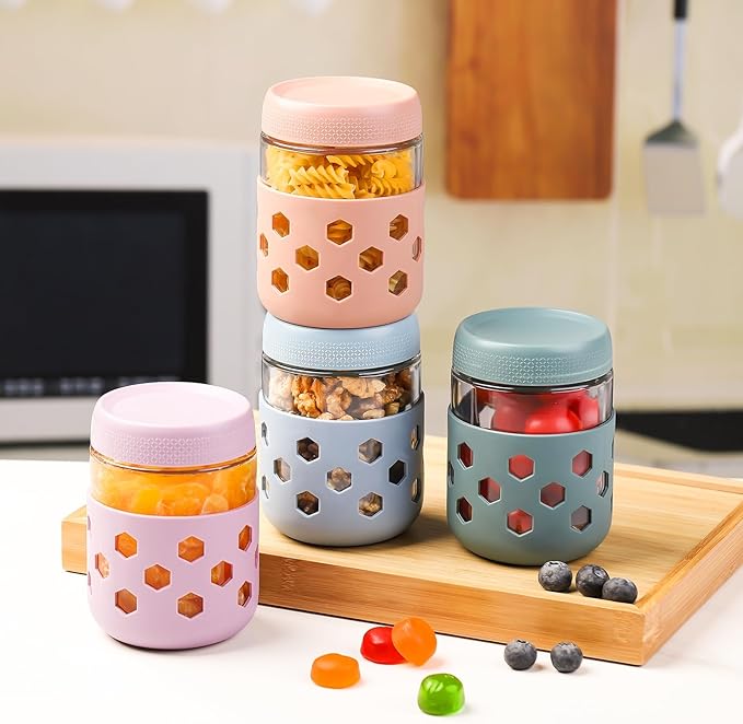 4-Pack Overnight Oats Containers with Lids and Protective Silicone Sleeve, 16 oz Glass Chia Pudding Jars with Airtight Lid, Mason Salad Meal Prep Jars for Yogurt Oatmeal