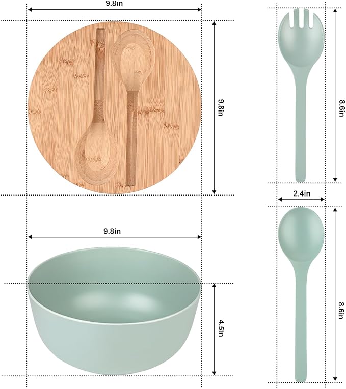 Bamboo Fiber Salad Bowl with Servers Set Large 9.8inches Nature Bamboo Mixing Bowl with Servers with Lid Spoon and Fork for Fruits,Salads and Vegetables
