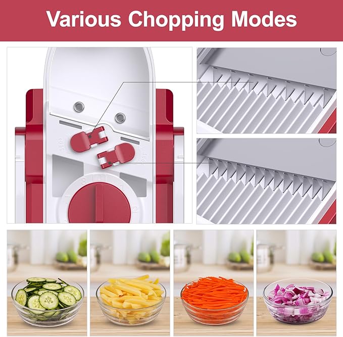 Safe Mandoline Slicer for Kitchen, Adjustable Thickness 0.1-8 mm, 5 in 1 Multi Vegetable Chopper, Potato Slicer, Food Chopper French Fry Cutte, with Paring Knife/Cleaning Brush, Mandolin (RoseRed)