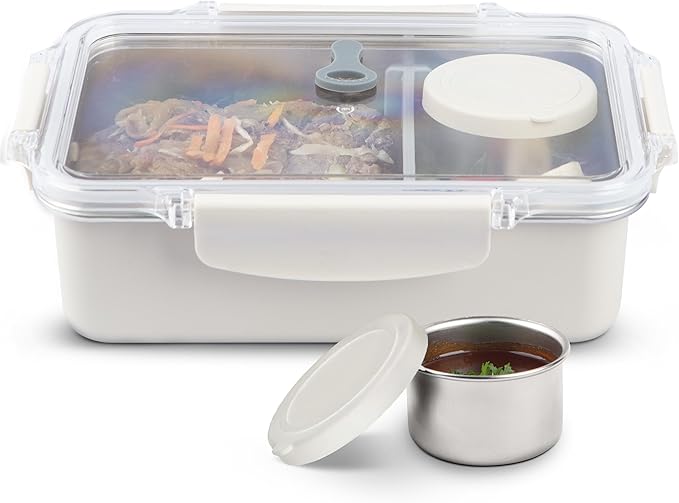 Bliss - Stainless Steel Leak Proof Bento Lunch Box, Meal Prep container for Adults; 3 Compartments, Modern bento Box, Microwave Safe| Lunchbox| Bentobox | Lunch container (Vanilla, 42 OZ)