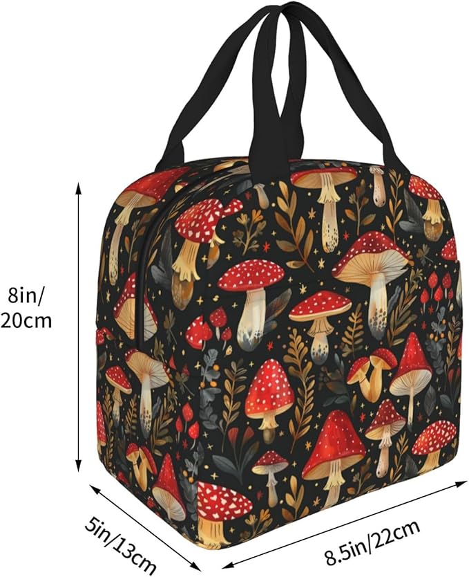 Mushroom Lunch Box Vintage Mushroom Leaf Forest Insulated Lunch Bag for Kids Women Men Reusable Cooler Botanic Lunch Tote Bag with Front Pocket for Girls Boys Students School Picnic Travel Office