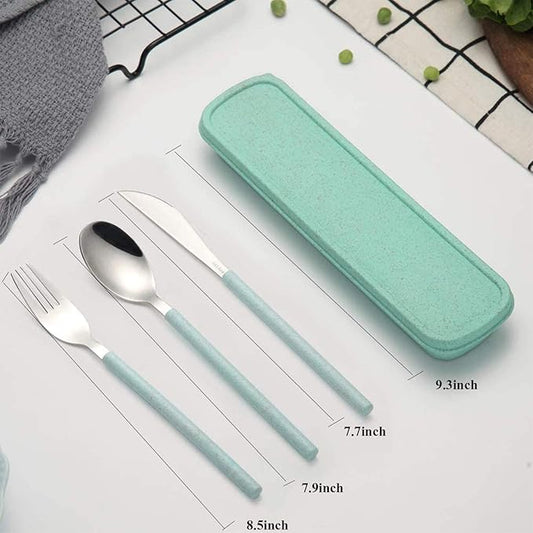 Portable Home Utensils Reusable Flatware Set with Case, Stainless Steel Metal Travel Cutlery Lunch Tableware 2 Fork 2 Spoon 2 Knife with Colored Handle(Fork Spoon Knife 2 sets, Green+Blue)