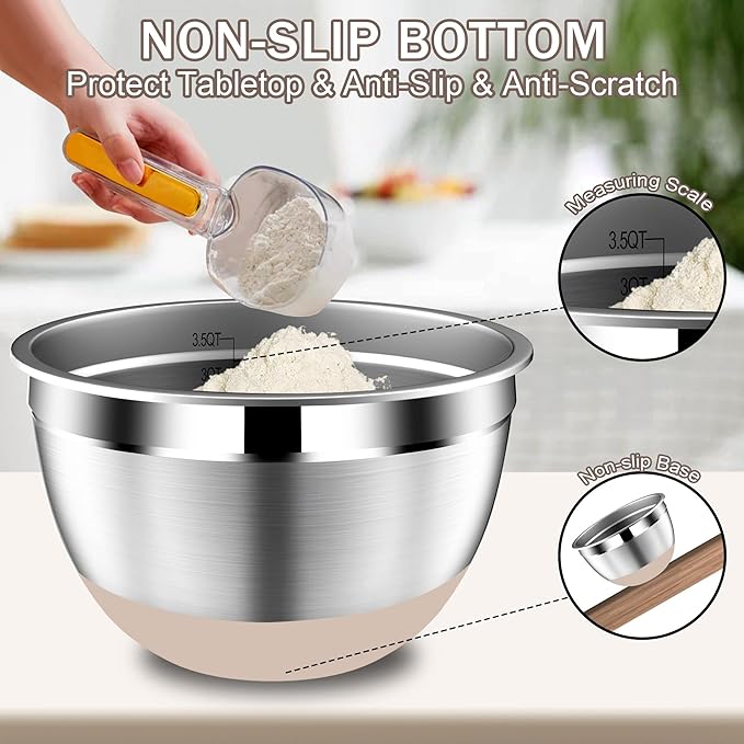 Stainles Steel Mixing Bowls with Lids Set, Stackable Metal Mixing Bowl with Strainer, 5-Piece - Beige