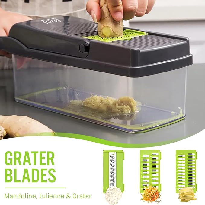 12 in 1 multifunctional Chopper with container, x Blade Vegetable chopper, Egg slicer, Onion Mincer, Cheese slicer, Dicer, Cutter, French fry cutter, Normal, green and gray