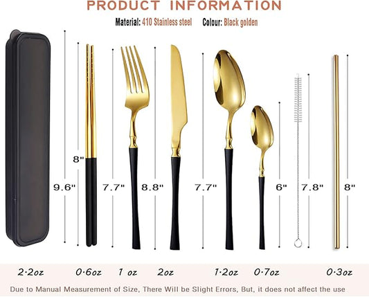AARAINBOW 7 Pieces Stainless Steel Flatware Set Portable Reusable Cutlery Set Travel Utensils Set Including Chopsticks Knife Fork Spoon Straws Cleaning Brush Dishwasher Safe (B-Black Golden)