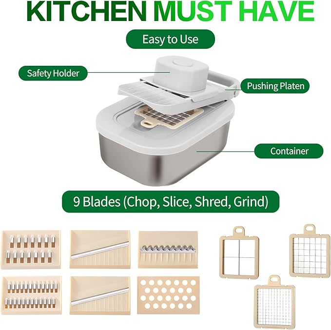Vegetable Chopper with Container, Alligator Veggie Chopper Manual, Full-Set Vegetable Chopper, 9 in 1 Time-Saving Kitchen Gadgets, Verduras Picadora