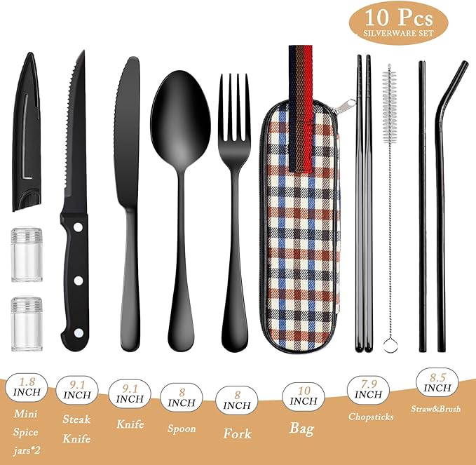 Portable Travel Utensils with Case, 10 PCS Travel Camping Cutlery Set, Reusable Utensils Set for Lunch Box for Office School Picnic