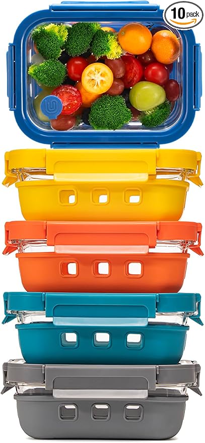 Glass Food Storage Containers with Glass Lids, Microwave Safe Glass Food Container Set, Aitight Glass Meal Prep Container Set, LeakProof, slicone sleeve,100% Plastic Free, 5 Pack 22oz