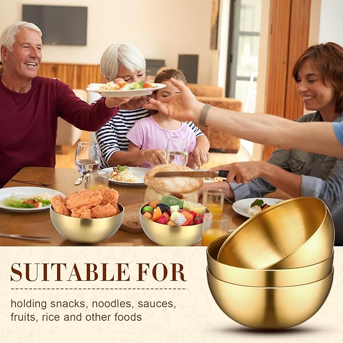 Nuogo 15 Pcs Gold Mixing Bowls Metal Stainless Steel Soup Bowl for Kitchen Fruit Salad Snack Appetizer Cereal Noodle Facial Sugar Serving Cooking Baking Prepping, 5.9 Inches
