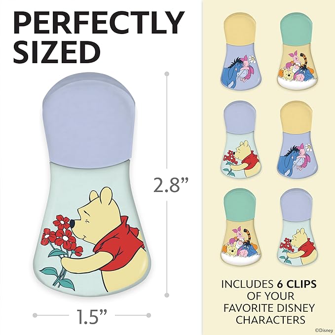 Disney Magnetic Chip Clips – Set of 6 Bag Clips for Food Storage - Mickey, Minnie, Lilo & Stitch, Winnie The Pooh – Durable Airtight Bag Chip Clips for Pantry & Fridge Use