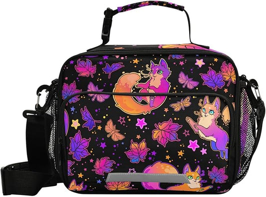 Psychedelic Fox Cat Lunch Box for Girls Purple Insulated Lunch Bag Kids Boys Cooler Tote Shoulder Strap Reusable School Travel Picnic