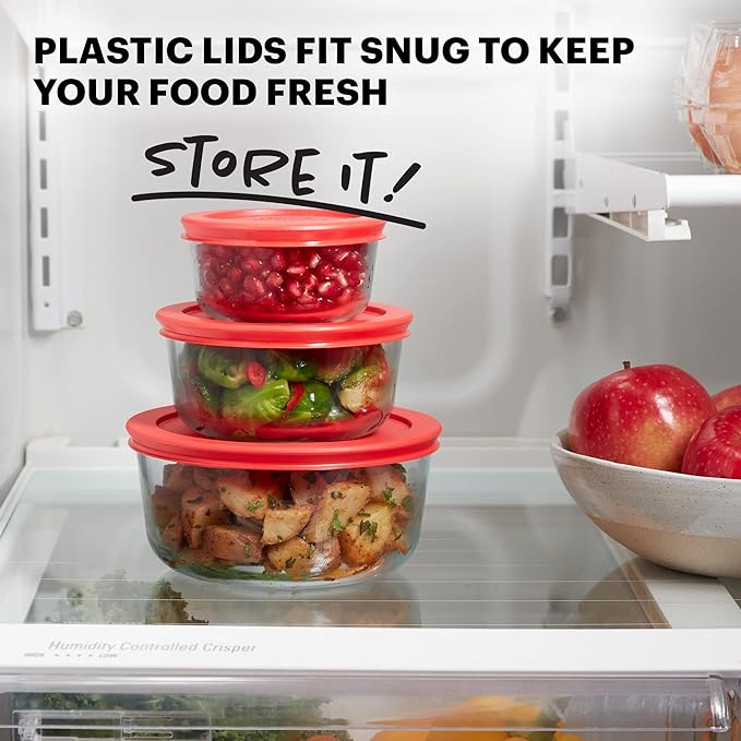 Pyrex Simply Store 3-Pack (1, 2 & 4 Cup) Small Round Glass Food Storage Containers Set, Snug Fit Non-Toxic Plastic BPA-Free Lids, Freezer Dishwasher Microwave Safe
