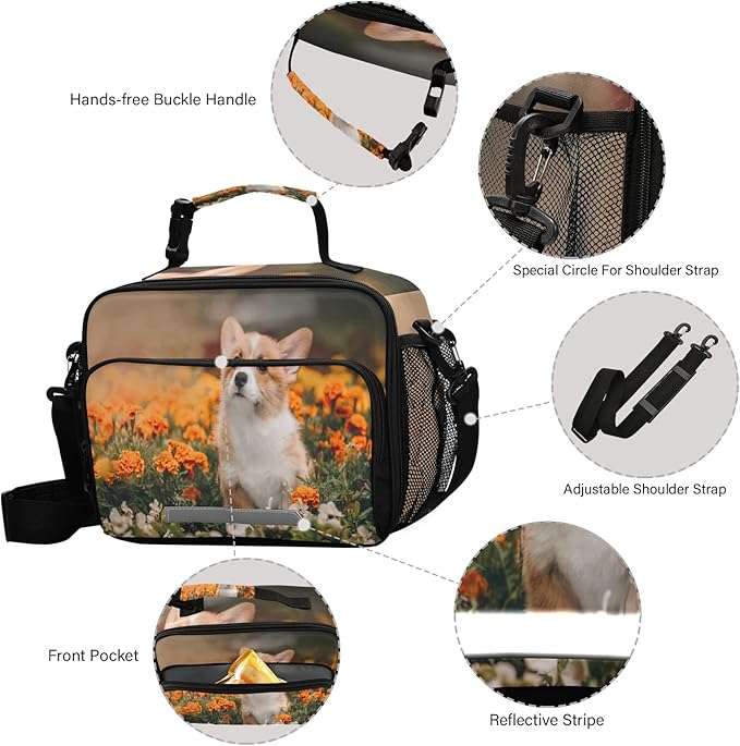 Dog Puppy Lunch Box for Kids Adults Little Corgi Pembroke Puppy Adventures Flowers Insulated Lunch Bag with Shoulder Strap Reusable Cooler Bags Lunch Tote for Office School Girls Boys Teens