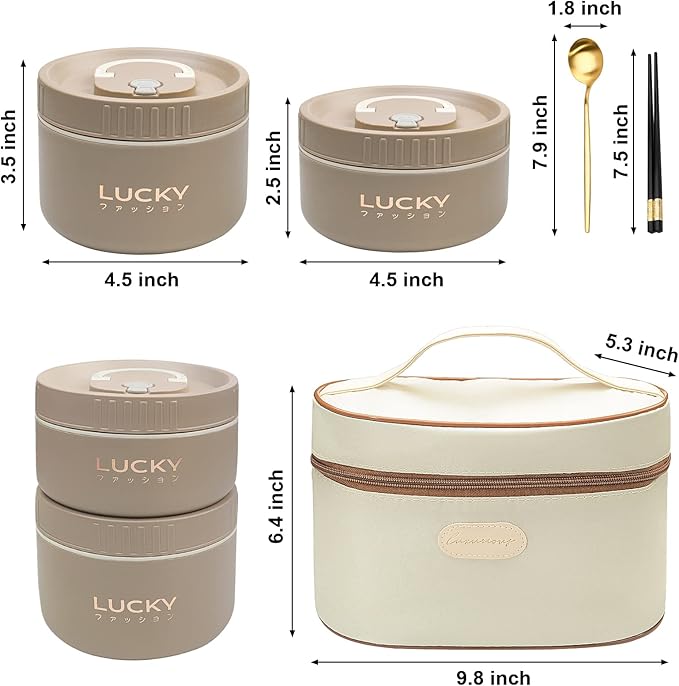Portable Insulated Lunch Container set, Bento Box Adult Lunch Box Set with Insulated Lunch Bag, 4 Separate Stackable Thermal Food Lunch Container for Adult, Brown