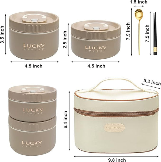Portable Insulated Lunch Container set, Bento Box Adult Lunch Box Set with Insulated Lunch Bag, 4 Separate Stackable Thermal Food Lunch Container for Adult, Brown