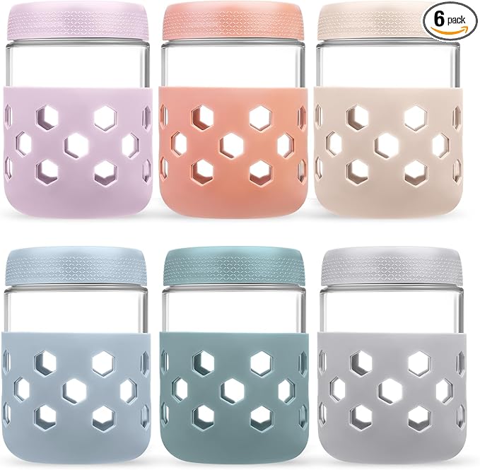 6-Pack Overnight Oats Containers with Lids and Protective Silicone Sleeve, 16 oz Glass Chia Pudding Jars with Airtight Lid, Mason Salad Meal Prep Jars for Yogurt Oatmeal