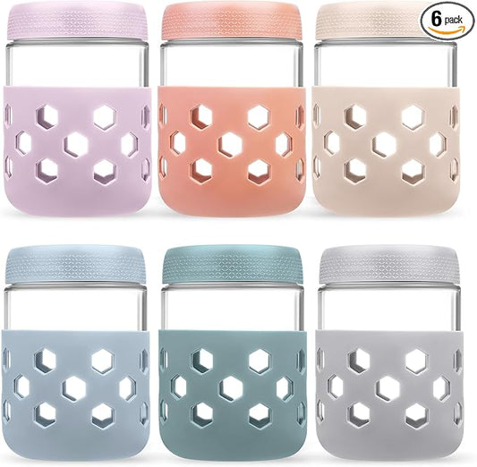 6-Pack Overnight Oats Containers with Lids and Protective Silicone Sleeve, 16 oz Glass Chia Pudding Jars with Airtight Lid, Mason Salad Meal Prep Jars for Yogurt Oatmeal
