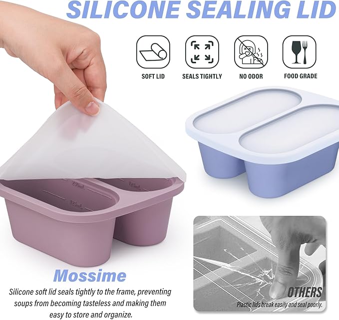 Mossime Silicone Soup Freezer Molds: 1 Cup Silicone Freezer Trays with Lid - 4 Packs Easy Release Soup Freezer Containers - 250ml 125ml Portion Large Cubes for Ice Soup (2, Blue/Purple)