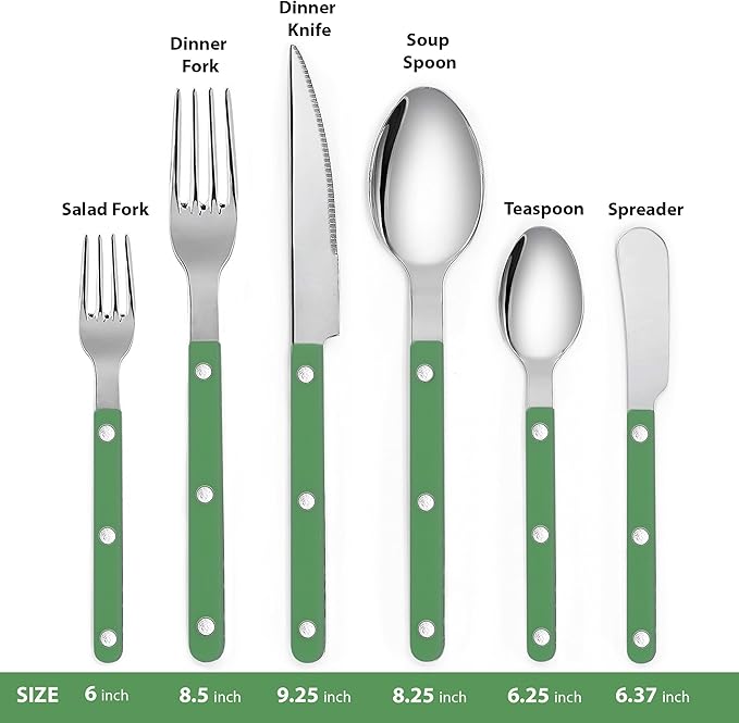 6-Piece Stainless Steel Flatware Silverware Cutlery Set - Color Handle with Rivet/Retro Style - Includes Dinner Knife; Dinner Fork; Salad Fork; Soup Spoon; Teaspoon; Spreader (GREEN)