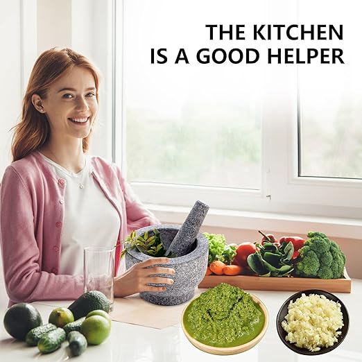 Luvan Mortar and Pestle Set,2 Cups Unpolished Granite Natural Stone Grinder Bowl for Molcajete Guacamole Bowl Crushing/Mexicano Guacamole,Spices Grinder,Herb Crusher,Salsa Pesto-6IN/Gray