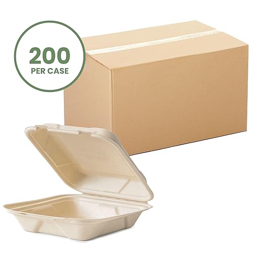 Vegware Compostable 8" Clamshell To Go Containers, Case of 200, Reclaimed Natural Fiber, For Cold or Hot Food, Large Take Out Food Box, Tree-Free, Doesn't Trap Condensation