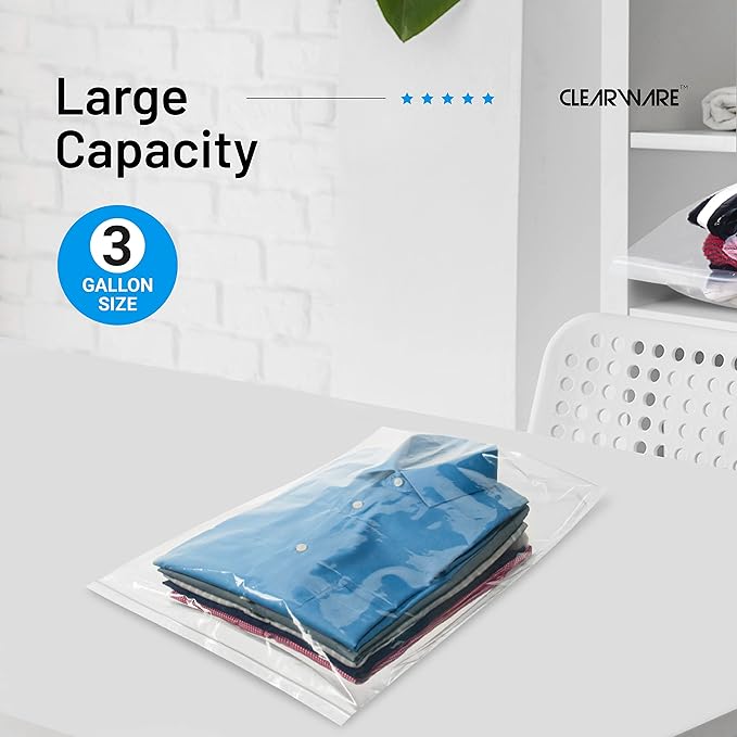 12 Large Storage Bags With Zipper Top - 3 Gallon Size, 16" x 18", Extra Large Plastic for Clothes, Travel, Moving, Large Reusable freezer bags, BPA-Free, 2-mil Thick