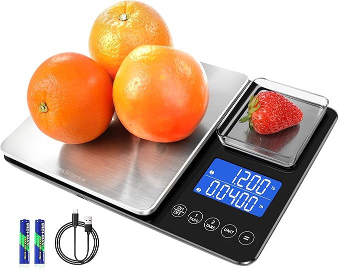 MaxWorks Dual Platform Digital Kitchen Scale 51069 22 lbs Capacity 11 inch x 7 inch x 1.18 inch Scale Units g kg lb oz ml Unit Conversion Tare Stainless Steel Tempered Glass + HIPS
