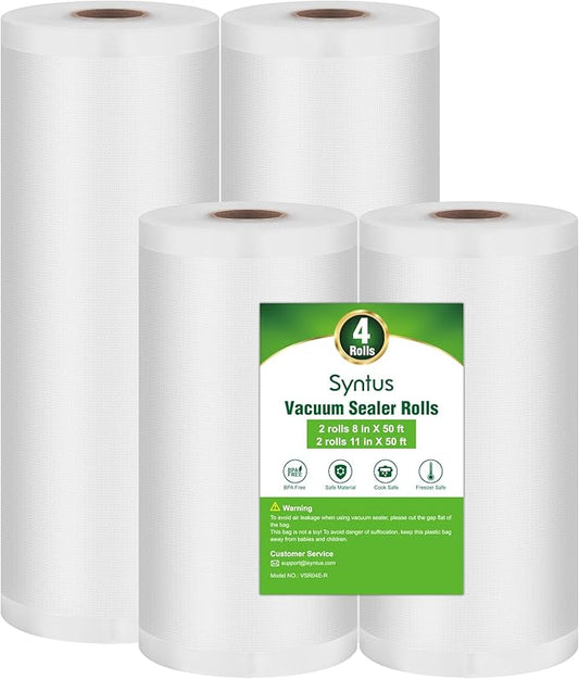 Syntus Vacuum Sealer Bags for Food, 2 Rolls 8" x 50' and 2 Rolls 11" x 50' Commercial Grade Bag Rolls, BPA Free Food Vac Bags for Storage, Meal Prep or Sous Vide