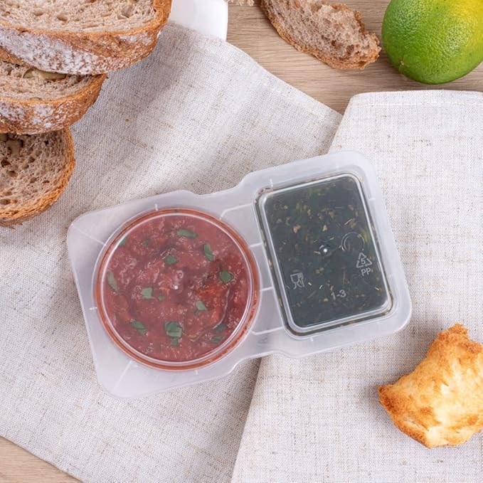 Futura 5 Ounce Snack Containers, 100 Microwavable Sauce Containers - 2 Compartments, Hinged Lid, Clear Plastic Portion Cups, For Condiments Or Dips - Restaurantware