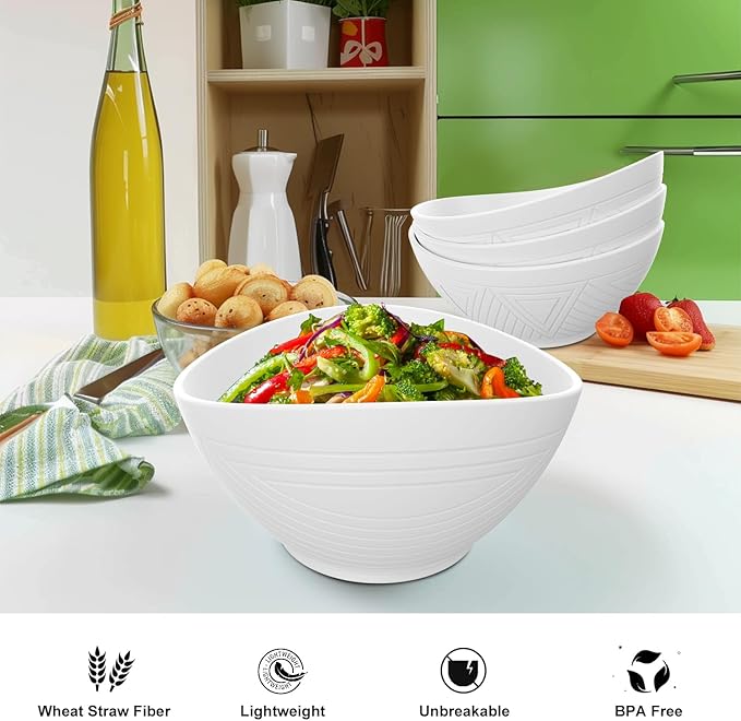 65 OZ Big Bowl Set - Wheat Straw Bowls Unbreakable Salad Bowls Set of 4, Plastic Bowl Reusable for Kitchen, Camping, Party, Popcorn, Microwave & Dishwasher Safe Bowl (White)