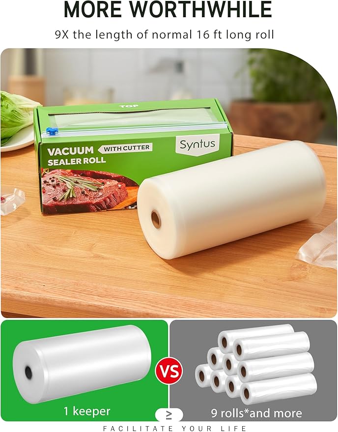 Syntus 11" x 150' Food Vacuum Seal Roll Keeper with Cutter Dispenser, Commercial Grade Vacuum Sealer Bag Rolls, BPA Free Food Vac Bags, Ideal for Storage, Meal Prep and Sous Vide
