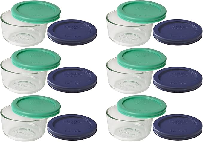 Pyrex Storage 1 Cup Round Dish, Clear with Green + Blue Lids, Pack of 6 Containers