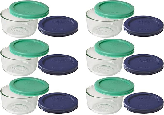 Pyrex Storage 1 Cup Round Dish, Clear with Green + Blue Lids, Pack of 6 Containers