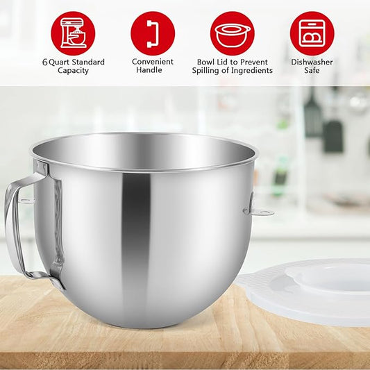 6QT Stainless Steel Mixing Bowl for KitchenAid Stand Mixers, Stainless Steel Bowl with Lid to Prevent Food Splatters, Compatible with KitchenAid 6QT Stand Mixers with Handle, Dishwasher safe