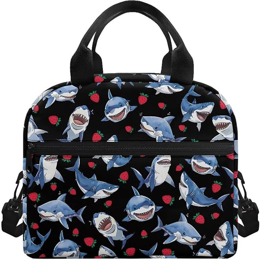 Showudesigns Strawberry Shark Lunch Bag for Women Lunch Box Containers Reusable Lunch Tote Bags for Girls Kids Food Cooler Bag With Front Zipper Pockets Thermal Meal Tote Kit Blue
